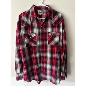 Ely Cattleman Mens XL Red Plaid Metallic Western Pearl Snap Shirt